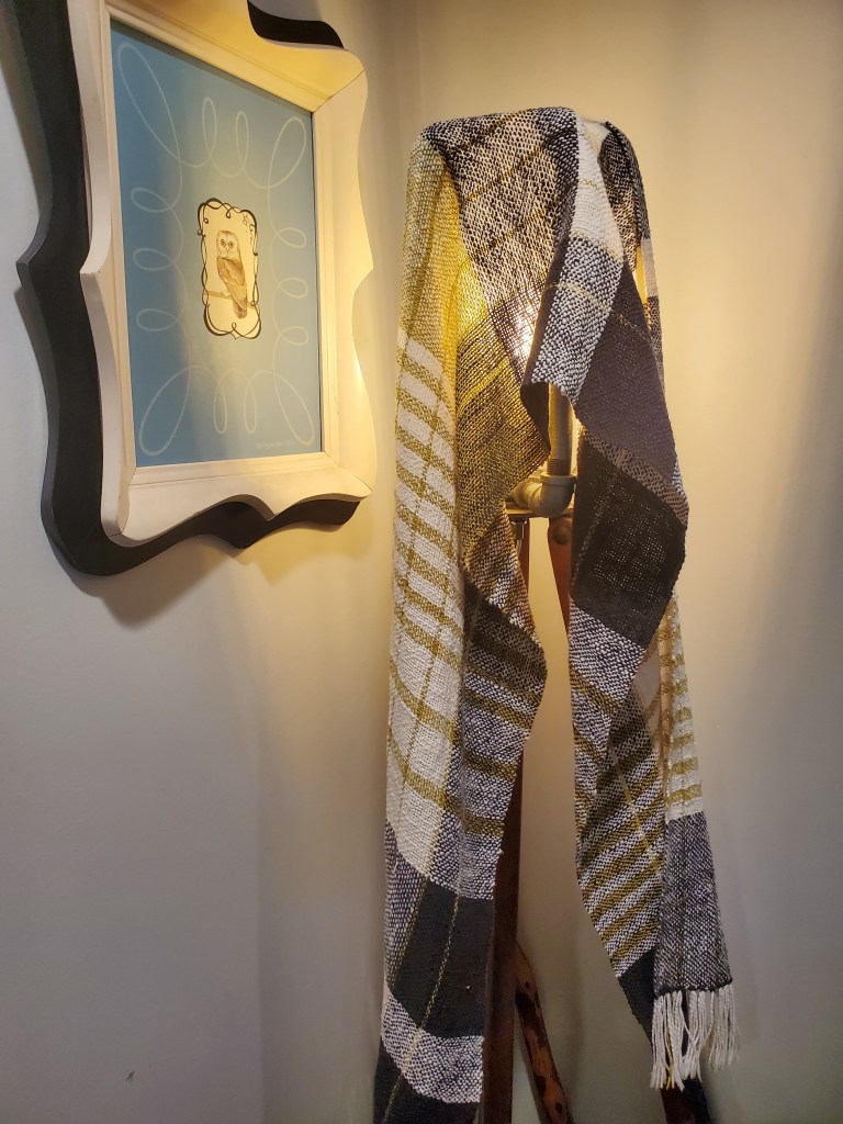 Woven scarf as causal lampshade also owl painting by me from 2003